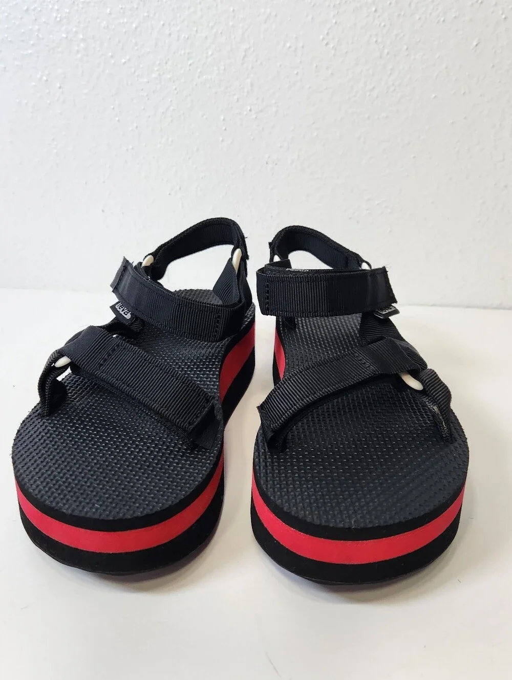Teva Black Strappy Platform Sandals with Red Stripe - Picture 3 of 13